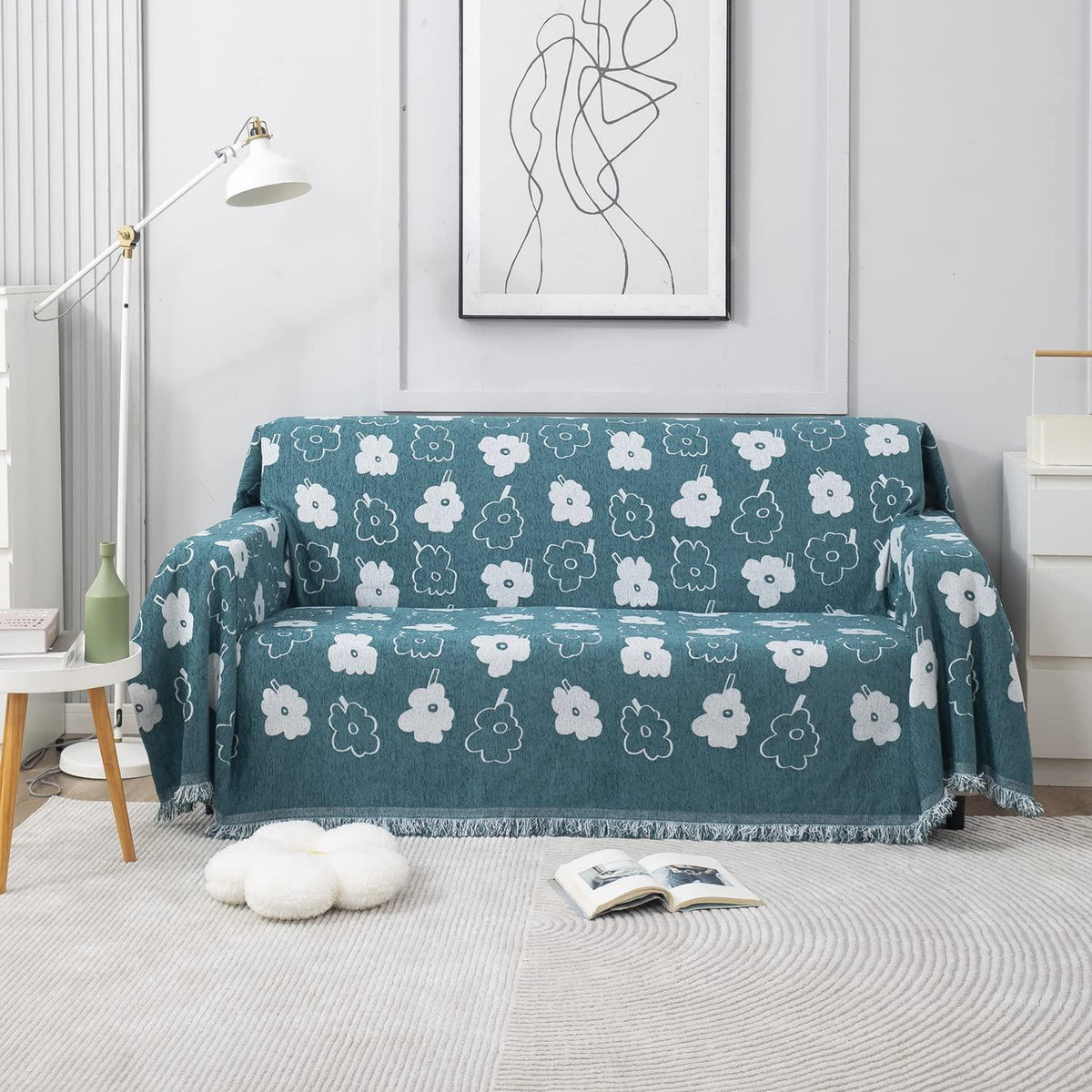 Thick, Soft and Pet Friendly Chenille Sofa Cover Throw, Teal Floral - HOKIPO | Har Ghar ka Humsafar