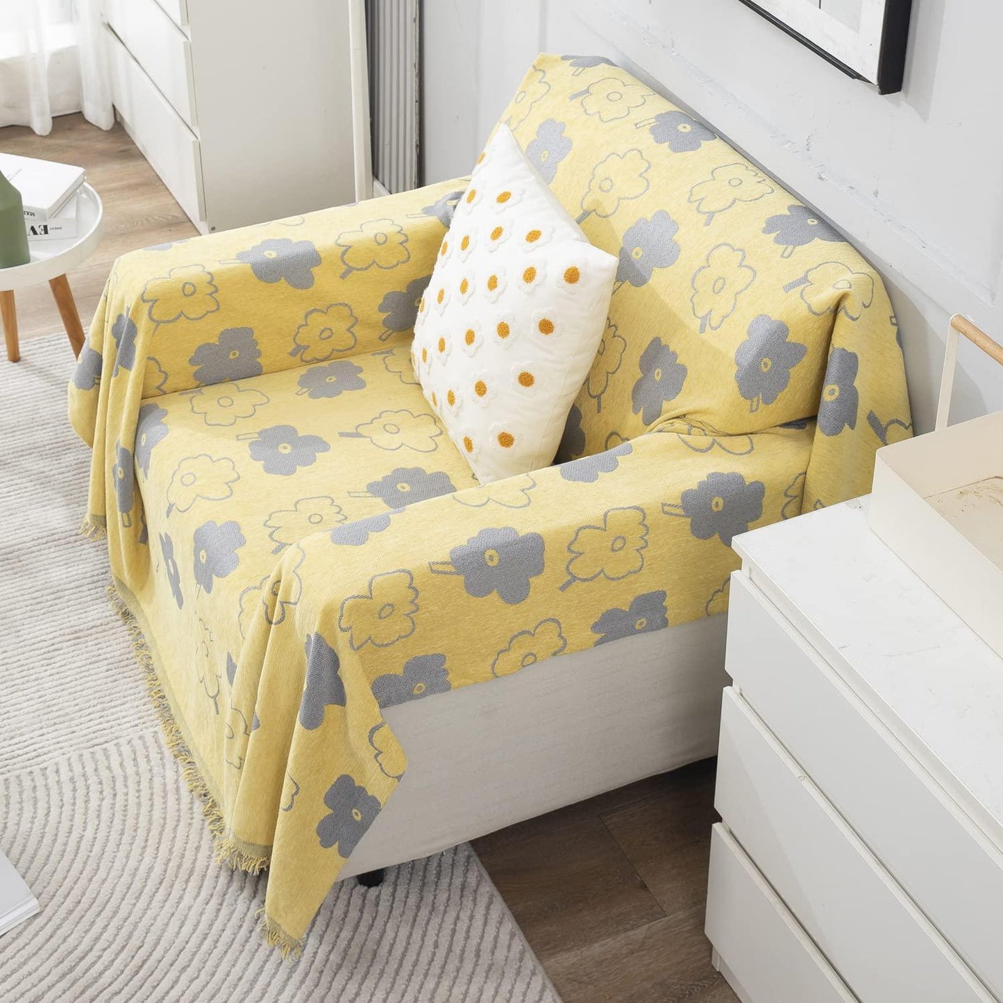 Thick, Soft and Pet Friendly Chenille Sofa Cover Throw, Yellow Floral - HOKIPO | Har Ghar ka Humsafar