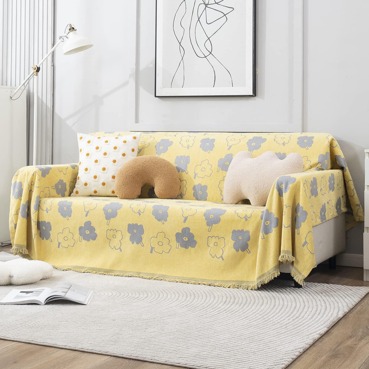 Thick, Soft and Pet Friendly Chenille Sofa Cover Throw, Yellow Floral - HOKIPO | Har Ghar ka Humsafar