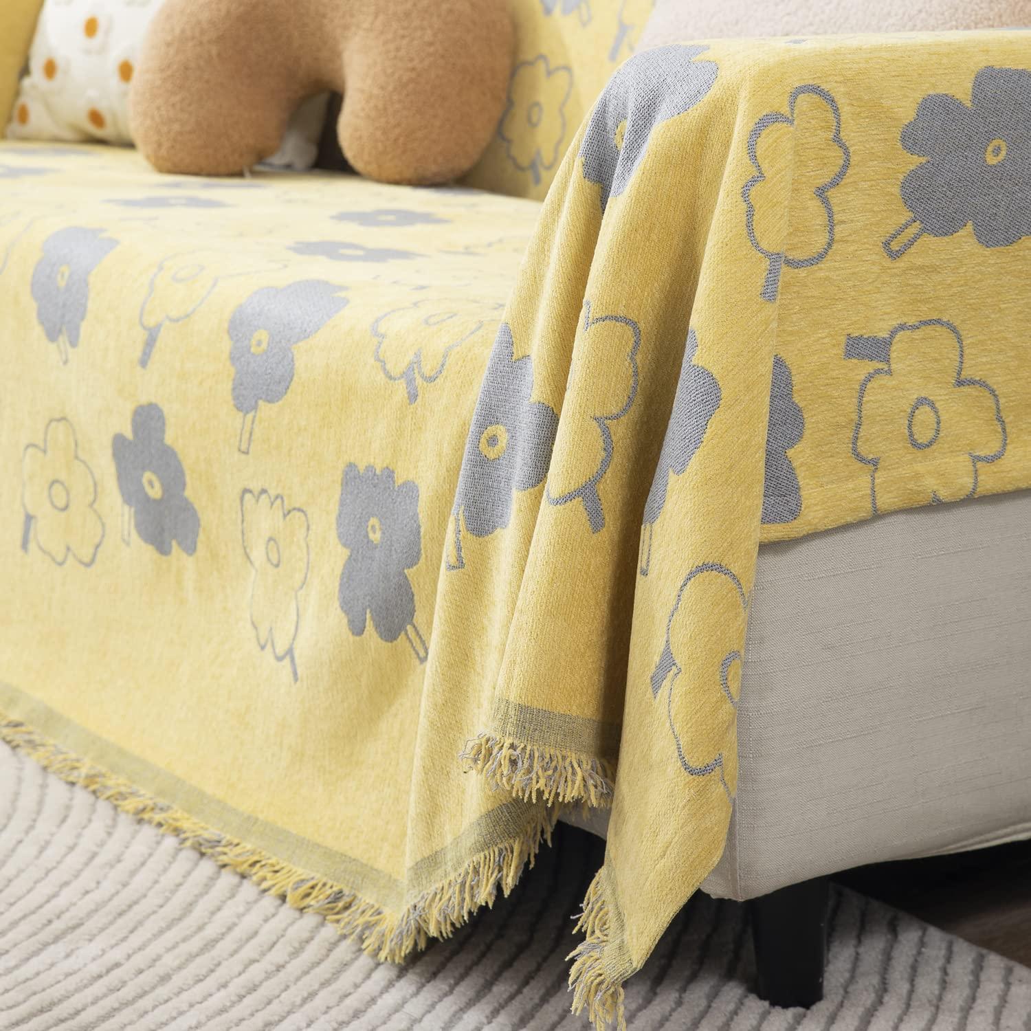 Thick, Soft and Pet Friendly Chenille Sofa Cover Throw, Yellow Floral - HOKIPO | Har Ghar ka Humsafar