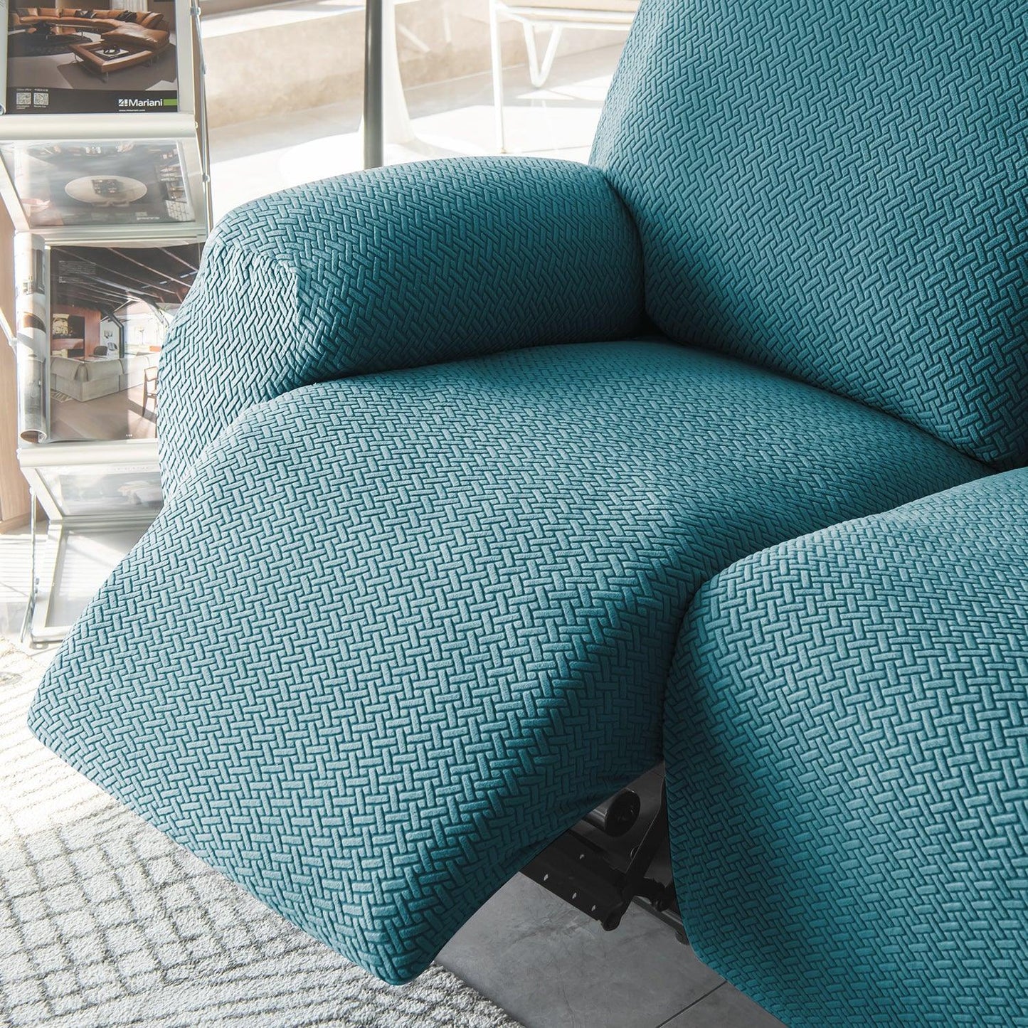 Turquoise Jacquard Recliner Sofa Cover | Non - Slip & Full Fitted - HOKIPO | Har Ghar ka Humsafar