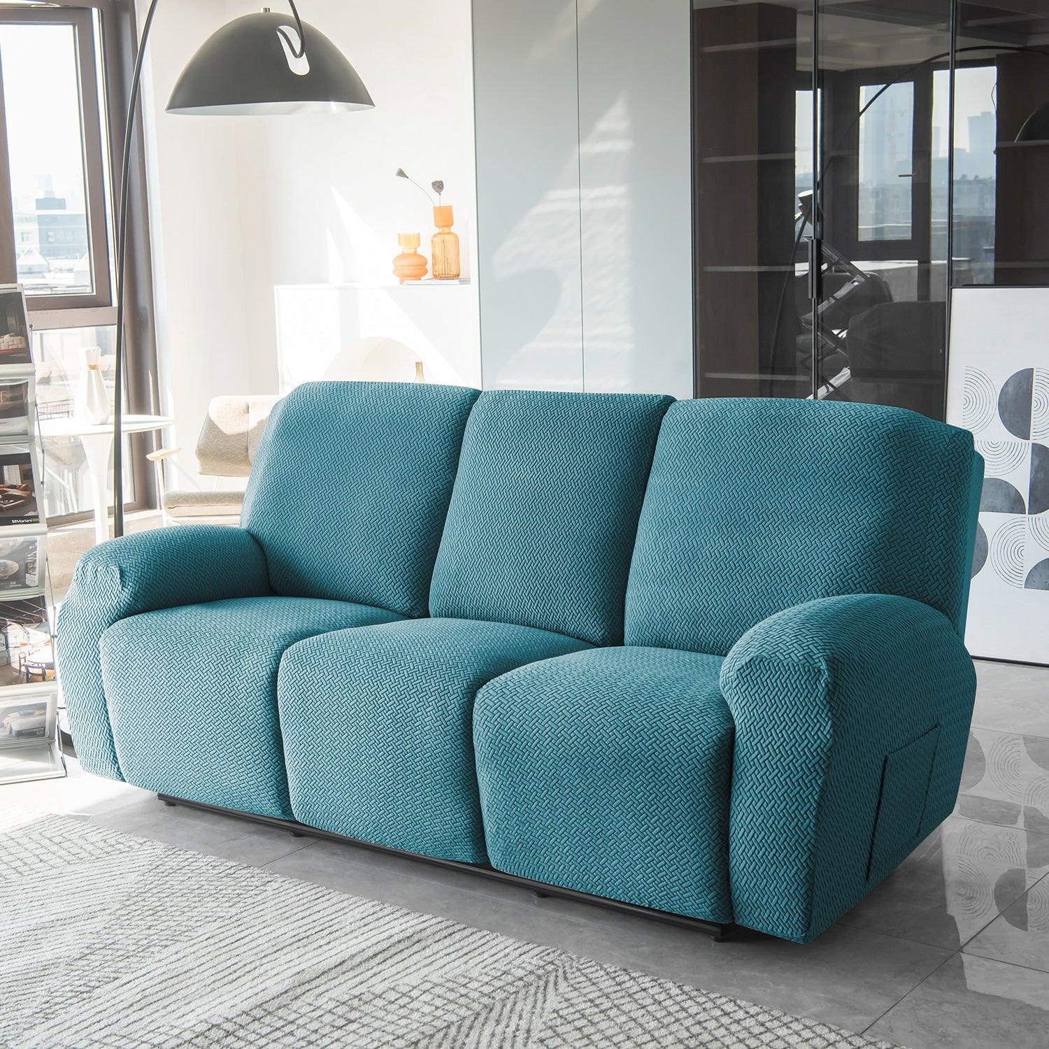 Turquoise Jacquard Recliner Sofa Cover | Non - Slip & Full Fitted - HOKIPO | Har Ghar ka Humsafar