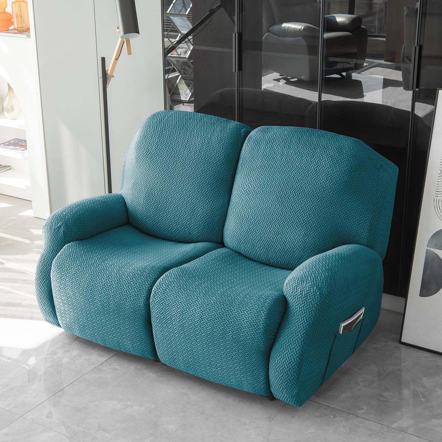 Turquoise Jacquard Recliner Sofa Cover | Non - Slip & Full Fitted - HOKIPO | Har Ghar ka Humsafar