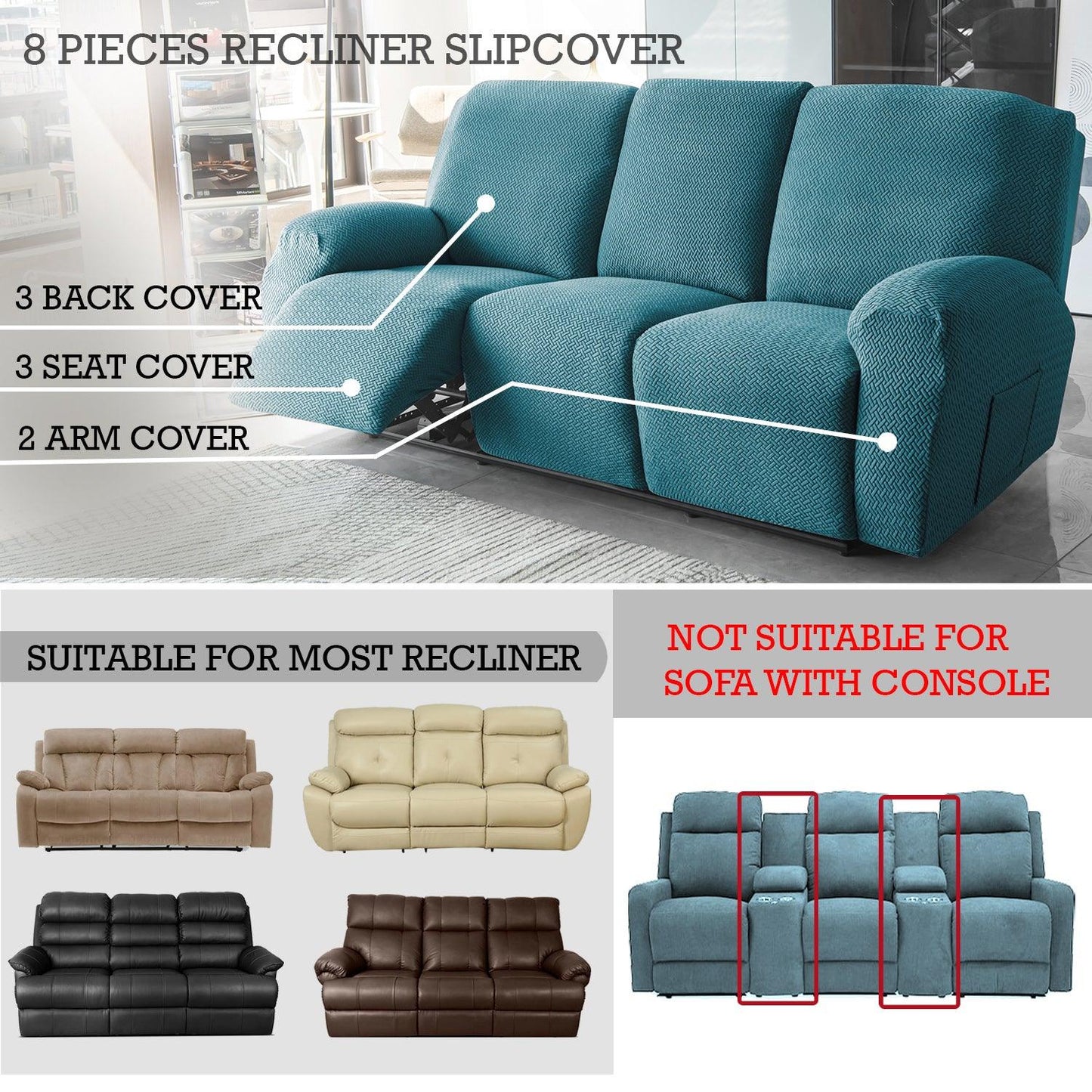 Turquoise Jacquard Recliner Sofa Cover | Non - Slip & Full Fitted - HOKIPO | Har Ghar ka Humsafar