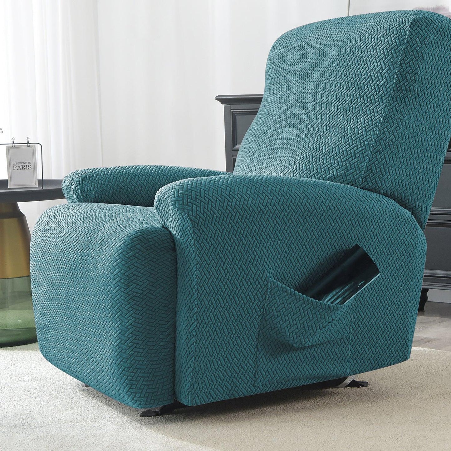 Turquoise Jacquard Recliner Sofa Cover | Non - Slip & Full Fitted - HOKIPO | Har Ghar ka Humsafar