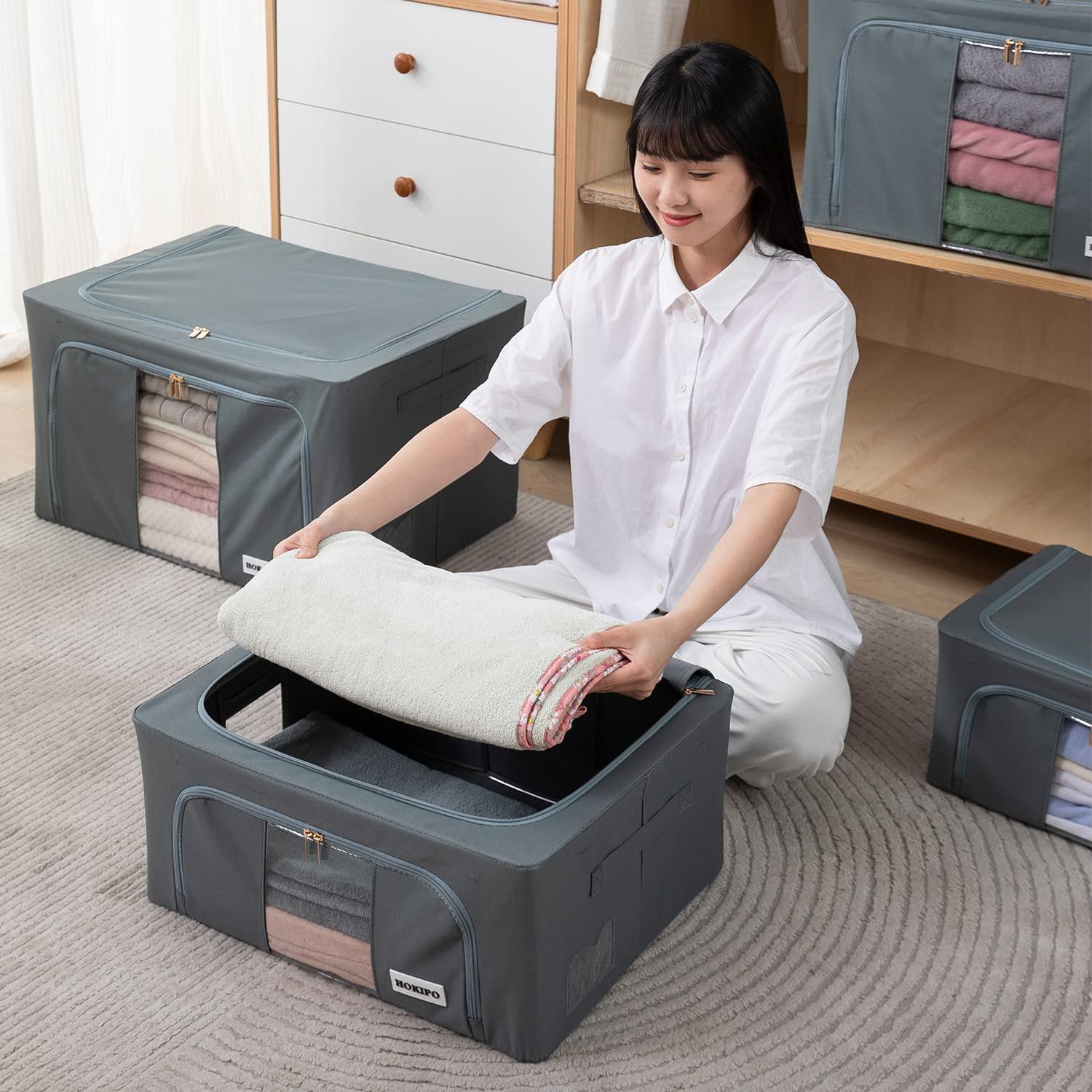 Wardrobe Organizer 600D Oxford Fabric Cloth Storage Box, 66ltr 50x40x33cm, Grey - HOKIPO | Har Ghar ka Humsafar