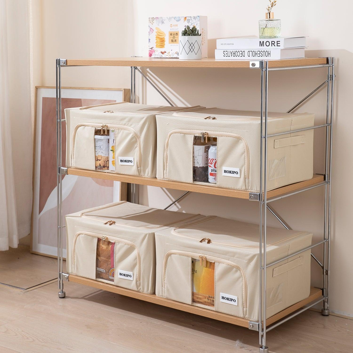 Wardrobe Organizer Metal Frame Cloth Storage Box, 44ltr 50x40x22cm, Beige - HOKIPO | Har Ghar ka Humsafar