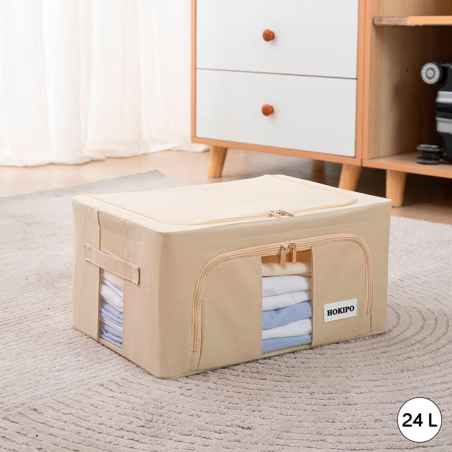 Wardrobe Organizer Underbed Storage Zippered Cloth Box, 24ltr 40x30x20cm, Beige - HOKIPO | Har Ghar ka Humsafar