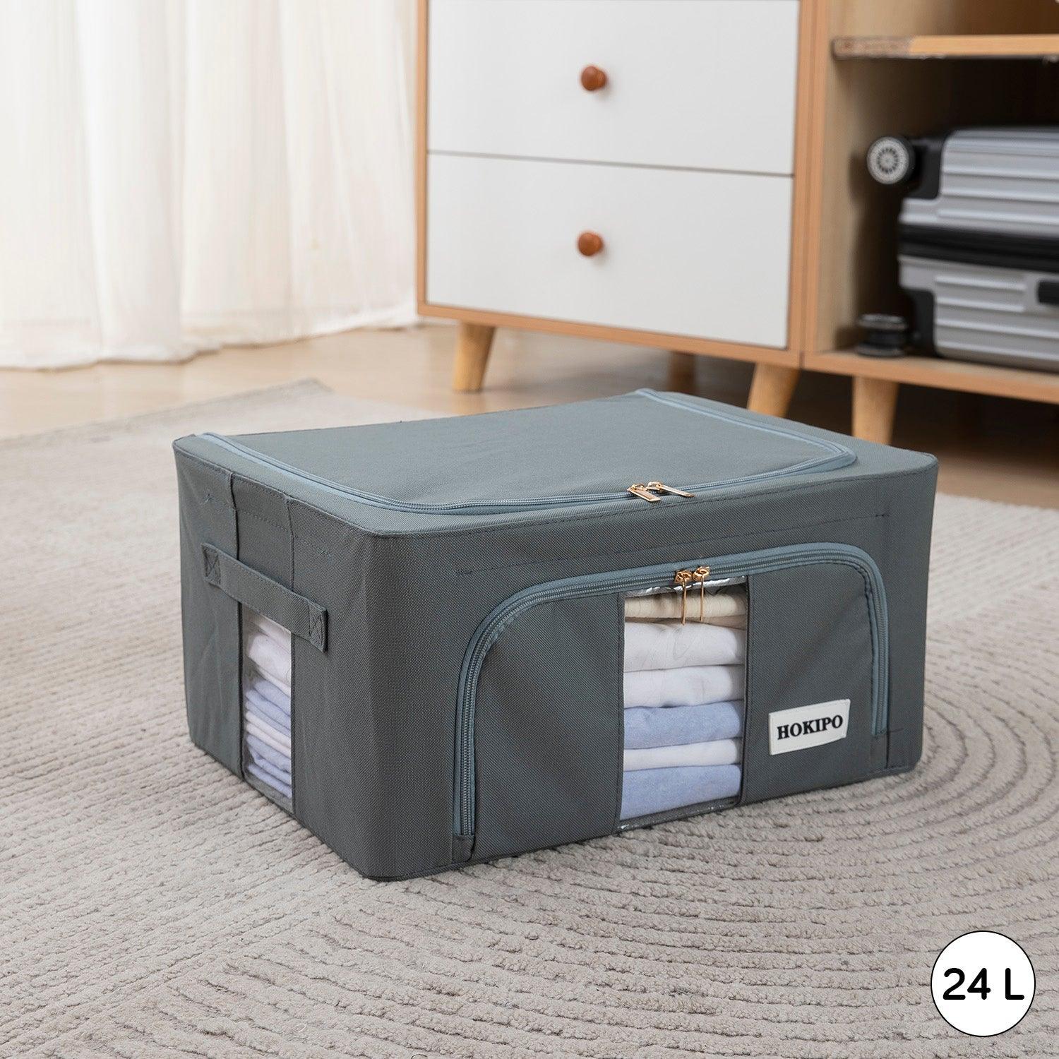 Wardrobe Organizer Underbed Storage Zippered Cloth Box, 24ltr 40x30x20cm, Grey - HOKIPO | Har Ghar ka Humsafar