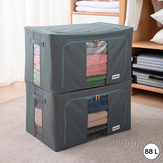 Wardrobe Organizer Zippered Cloth Storage Box, 88ltr 60x42x35cm, Grey - HOKIPO | Har Ghar ka Humsafar