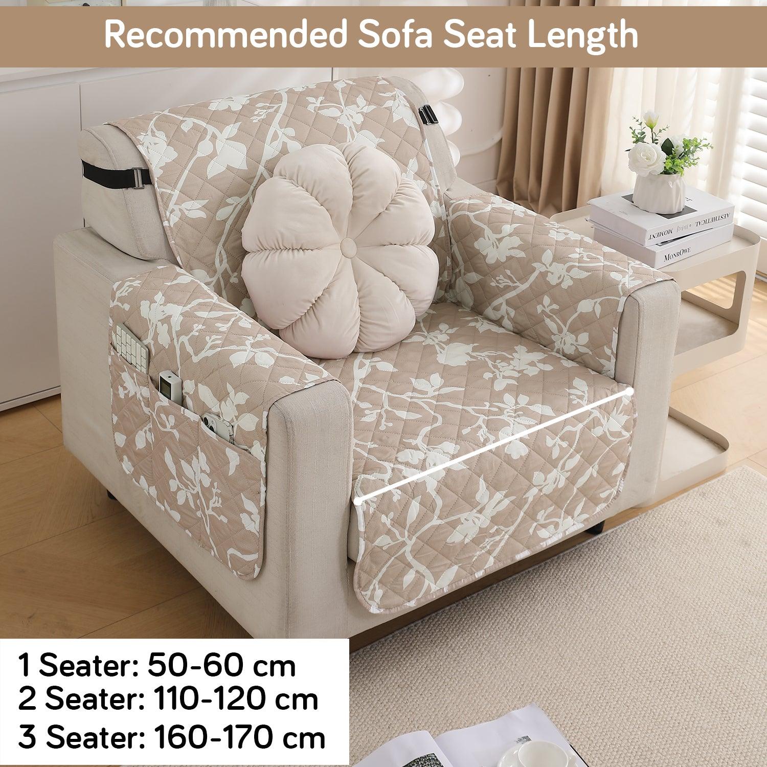 Waterproof & Quick - Dry Quilted 1/2/3 - Seater Sofa Cover with Pockets on Armrest, Buff Brown Sillehoute Floral - HOKIPO | Har Ghar ka Humsafar