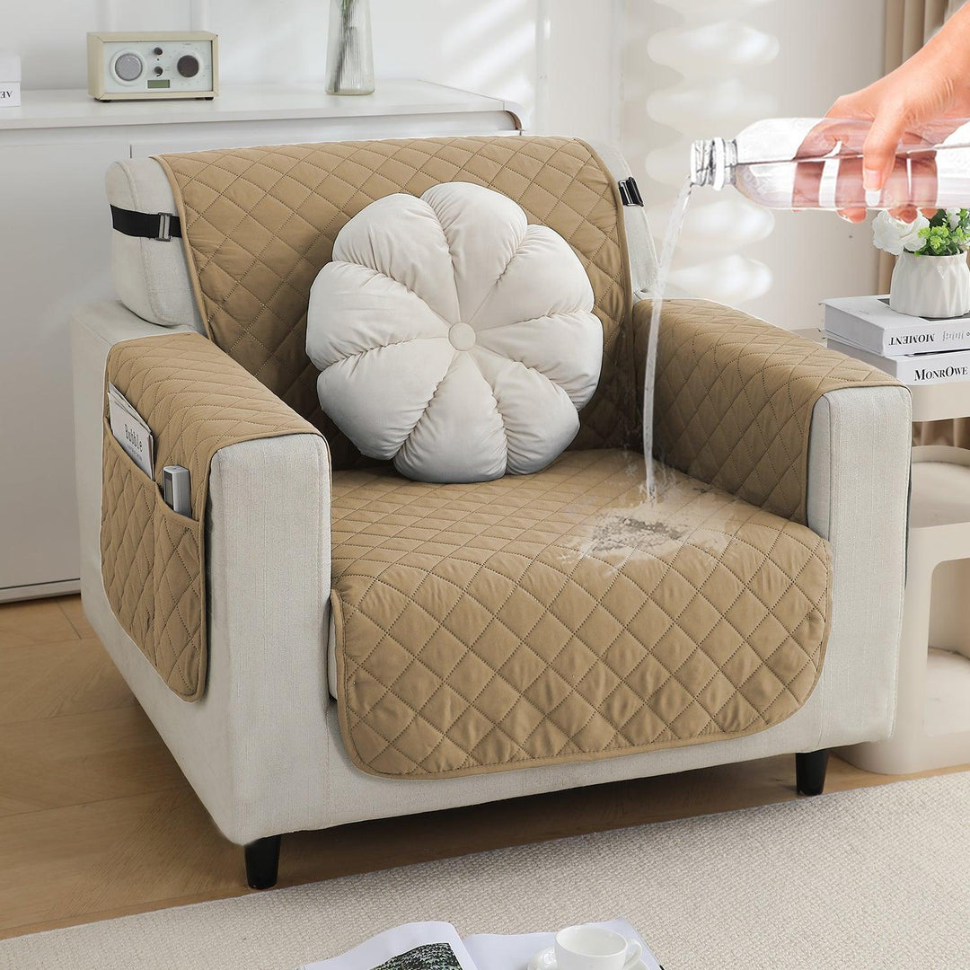 Waterproof Quick-Dry Quilted 1/2/3-Seater Sofa Cover with Pockets on Armrest, Camel Seater