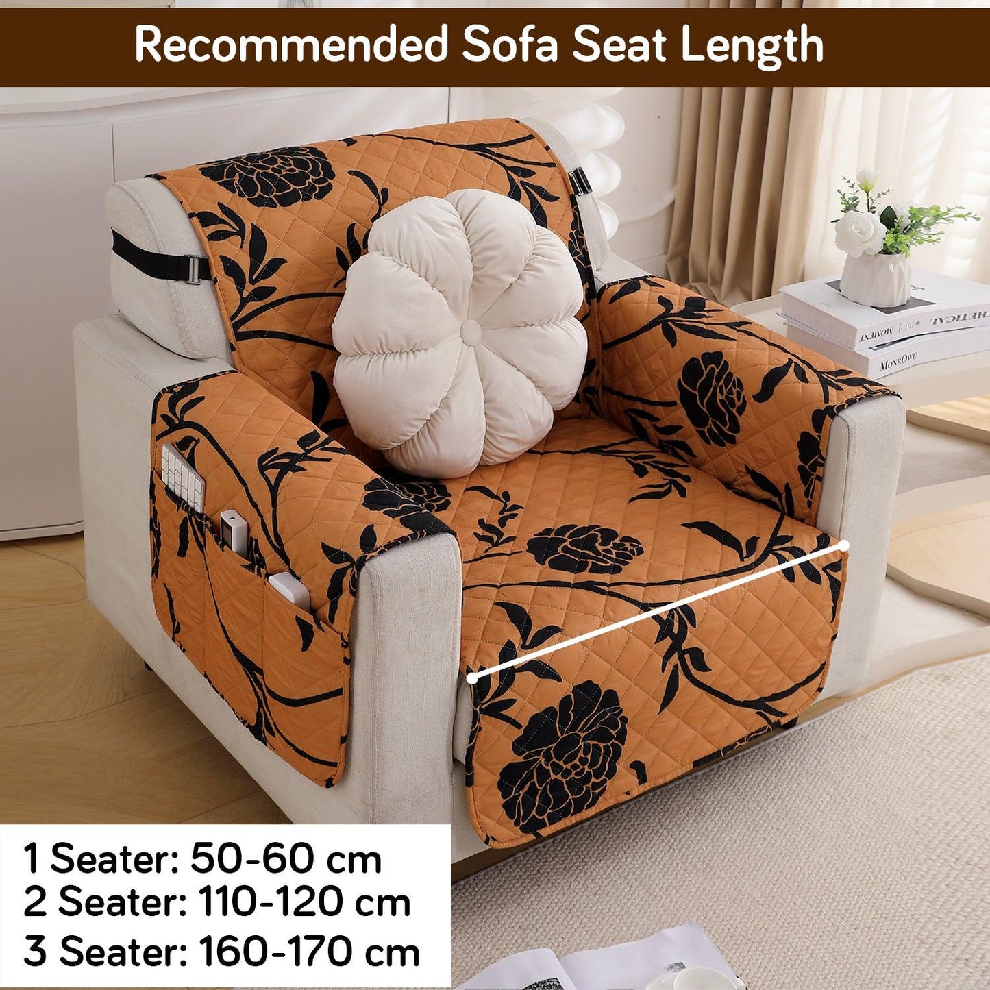 Waterproof & Quick - Dry Quilted 1/2/3 - Seater Sofa Cover with Pockets on Armrest, Copper Brown Floral - HOKIPO | Har Ghar ka Humsafar