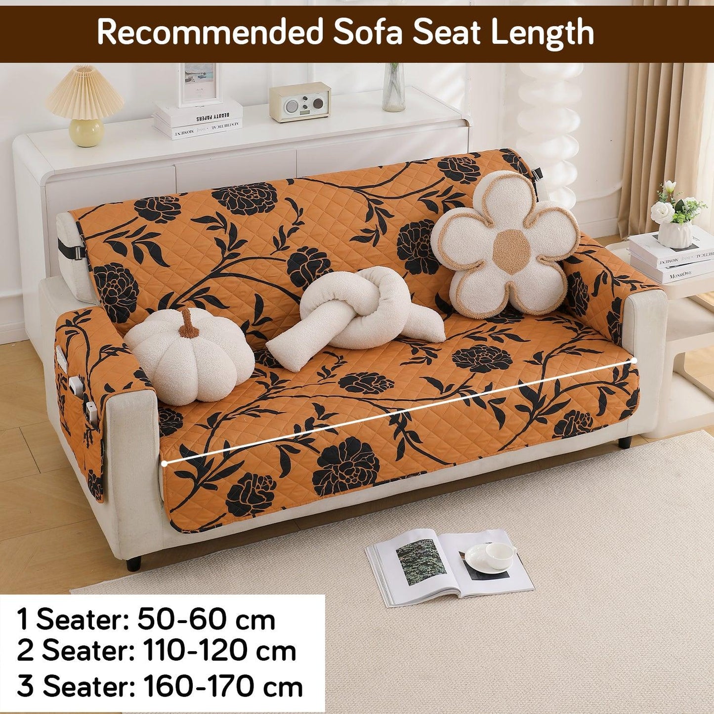 Waterproof & Quick - Dry Quilted 1/2/3 - Seater Sofa Cover with Pockets on Armrest, Copper Brown Floral - HOKIPO | Har Ghar ka Humsafar