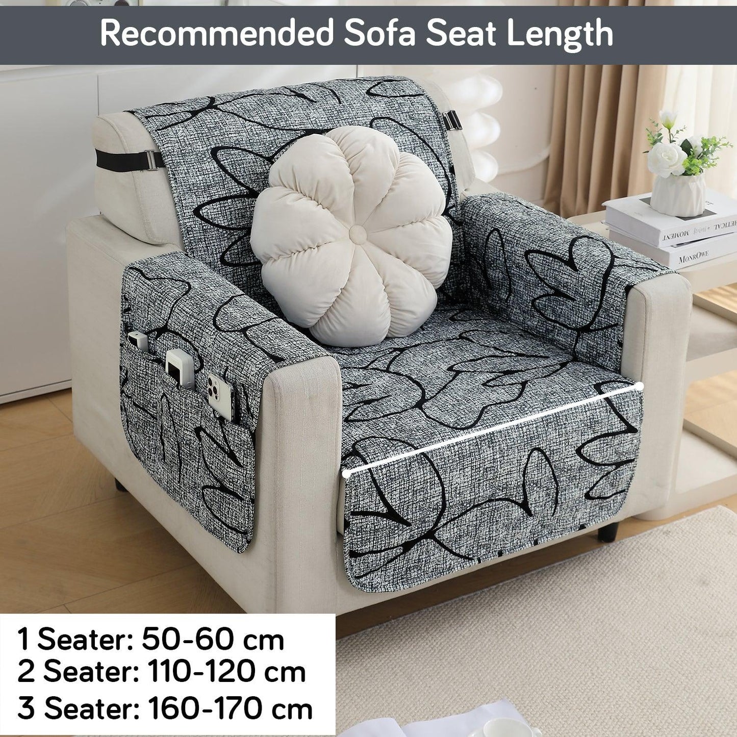 Waterproof & Quick - Dry Quilted 1/2/3 - Seater Sofa Cover with Pockets on Armrest, Intense Grey Abstract Floral - HOKIPO | Har Ghar ka Humsafar