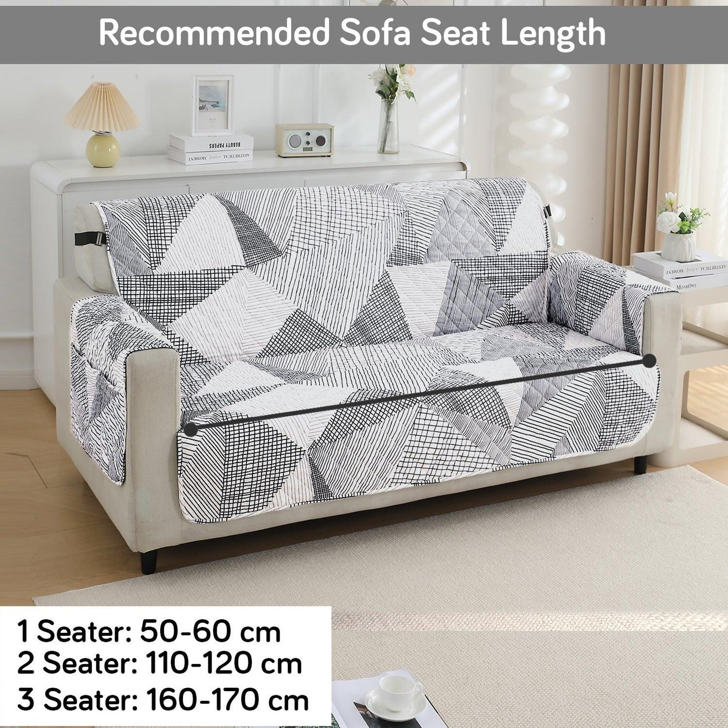 Waterproof & Quick - Dry Quilted 1/2/3 - Seater Sofa Cover with Pockets on Armrest, Snow White Black Geometry - HOKIPO | Har Ghar ka Humsafar