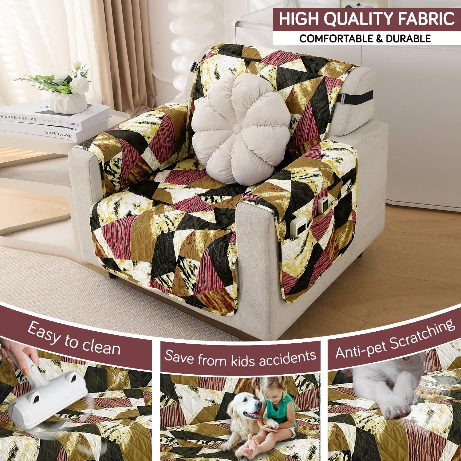 Waterproof & Quick - Dry Quilted 1/2/3 - Seater Sofa Cover with Pockets on Armrest, Wine Abstract Geometry - HOKIPO | Har Ghar ka Humsafar