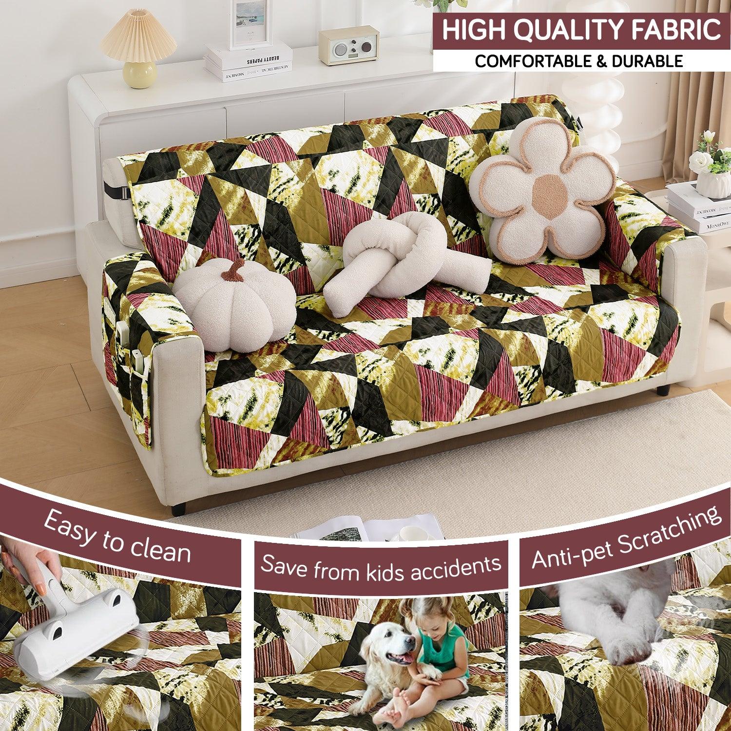 Waterproof & Quick - Dry Quilted 1/2/3 - Seater Sofa Cover with Pockets on Armrest, Wine Abstract Geometry - HOKIPO | Har Ghar ka Humsafar