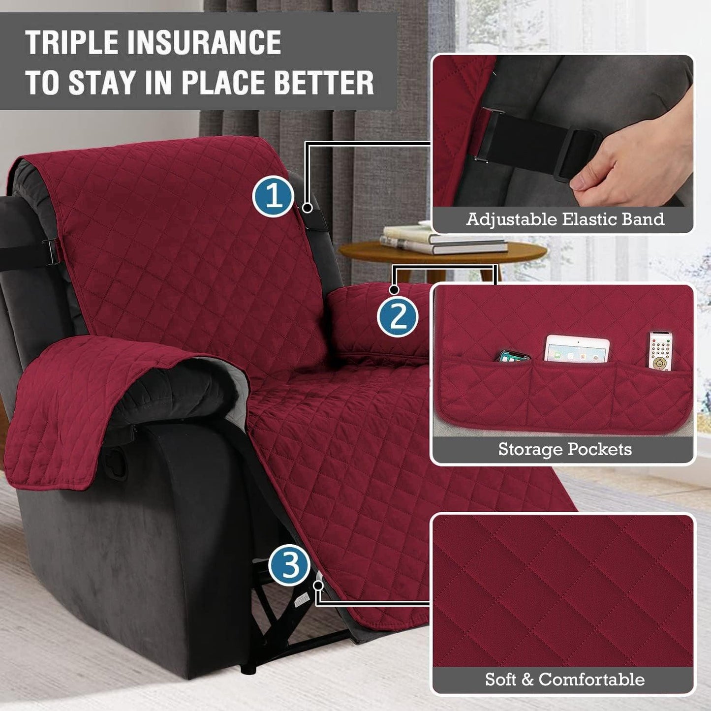 Waterproof Quilted Recliner Sofa Mat for One Seater Recliner Sofa, Burgundy - HOKIPO | Har Ghar ka Humsafar