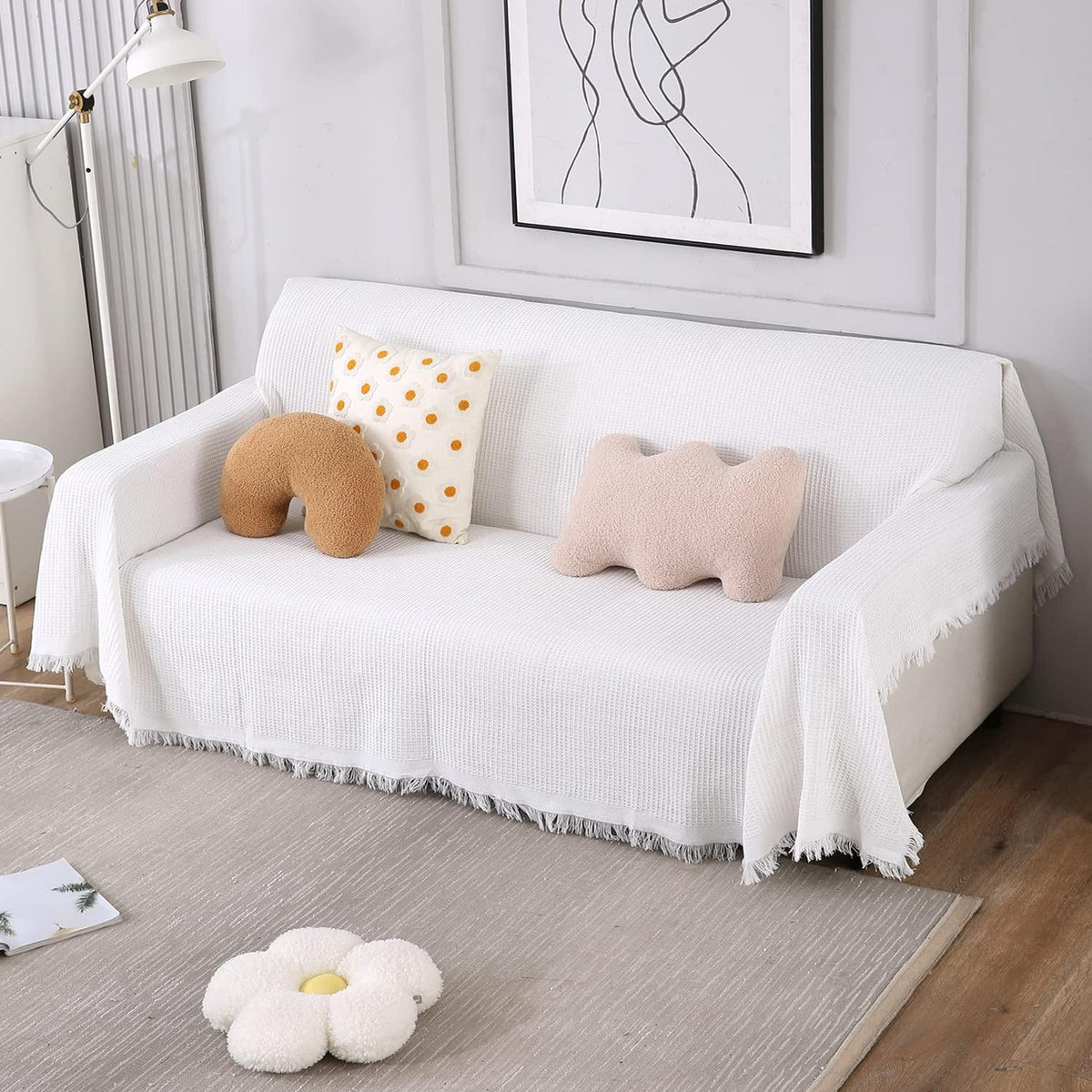 3 seater elegant white colour polycotton sofa throw of size 180(D)x300(L)
