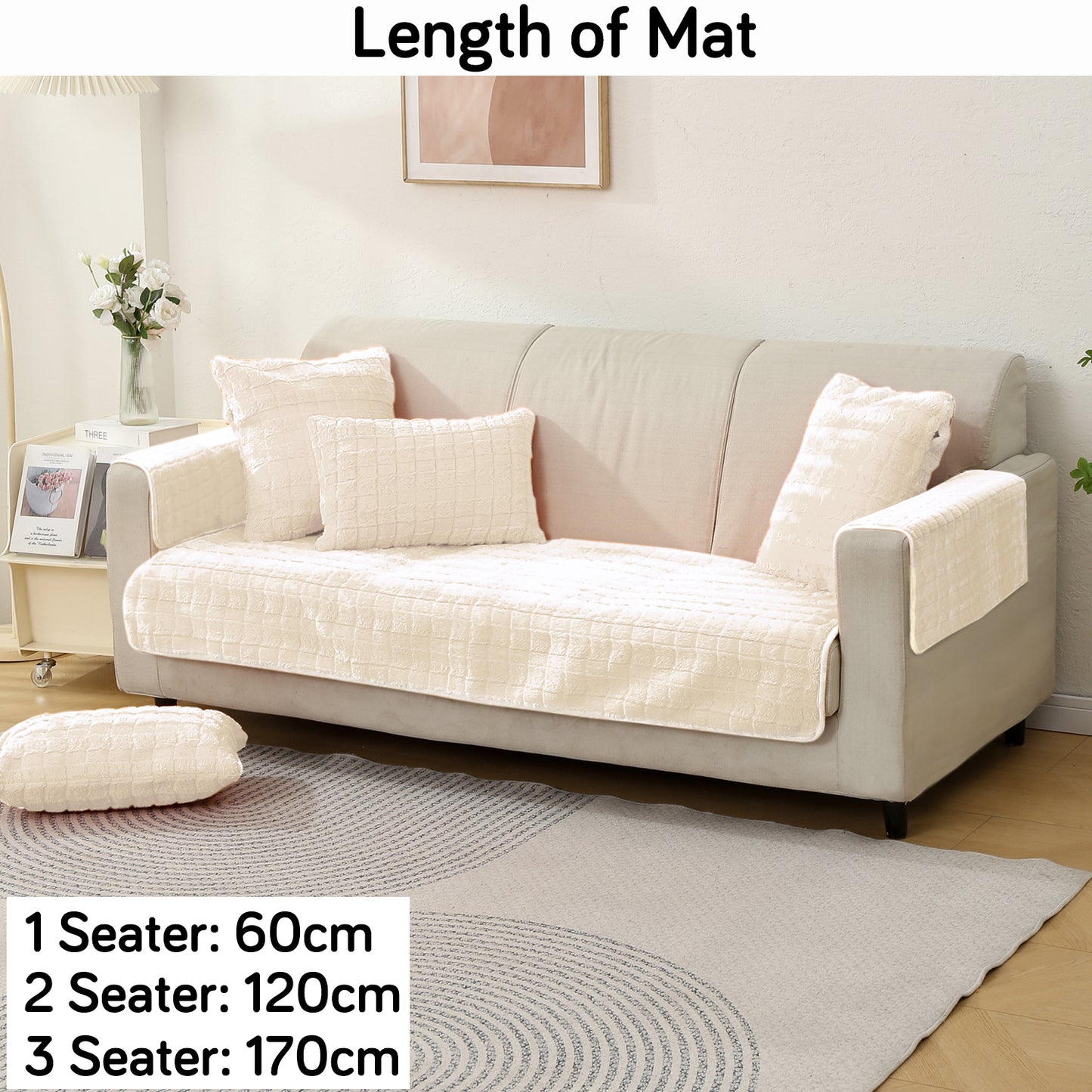 Premium Plush Sofa Cover Mat with 2 Armrest Cover and Cushion Cover, White