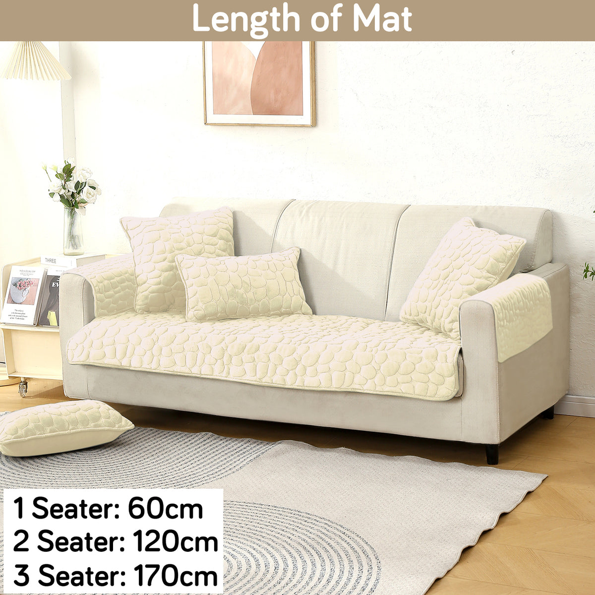 Premium Pebble Milk Velvet Anti Slip Sofa Cover Mat with 2 Armrest Cover, Bliss White