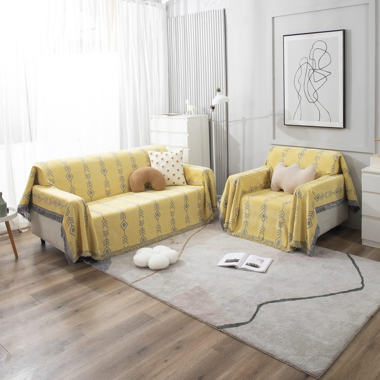 Yellow Aztec, Thick, Soft and Pet Friendly Chenille Sofa Cover Throw - HOKIPO | Har Ghar ka Humsafar