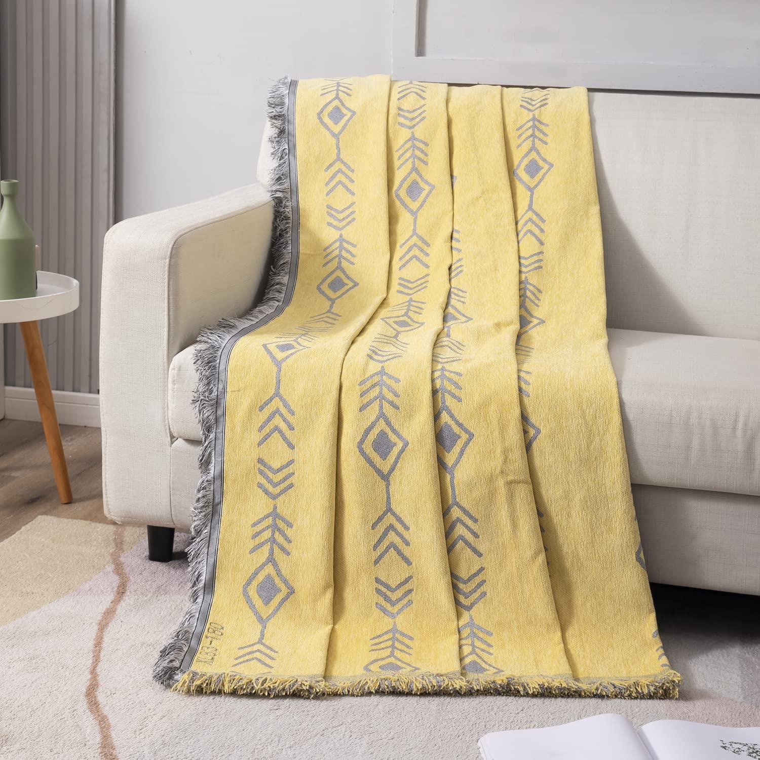 Yellow Aztec, Thick, Soft and Pet Friendly Chenille Sofa Cover Throw - HOKIPO | Har Ghar ka Humsafar