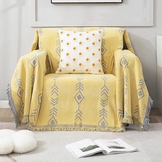 Yellow Aztec, Thick, Soft and Pet Friendly Chenille Sofa Cover Throw - HOKIPO | Har Ghar ka Humsafar