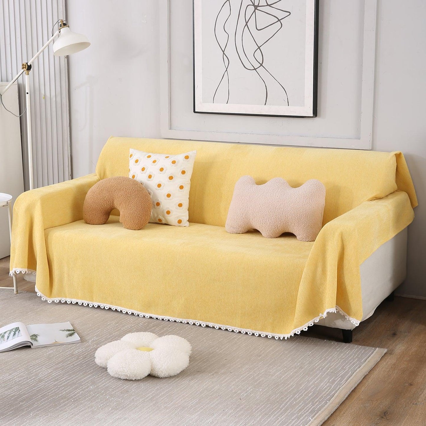 Yellow Chenille Sofa Throw Blanket | Soft & Pet Friendly, 1/2/3 Seater - HOKIPO | Har Ghar ka Humsafar