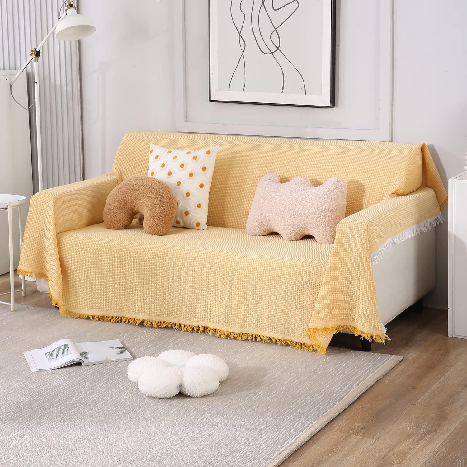 Yellow Polycotton Sofa Throw | Soft & Durable - HOKIPO | Har Ghar ka Humsafar