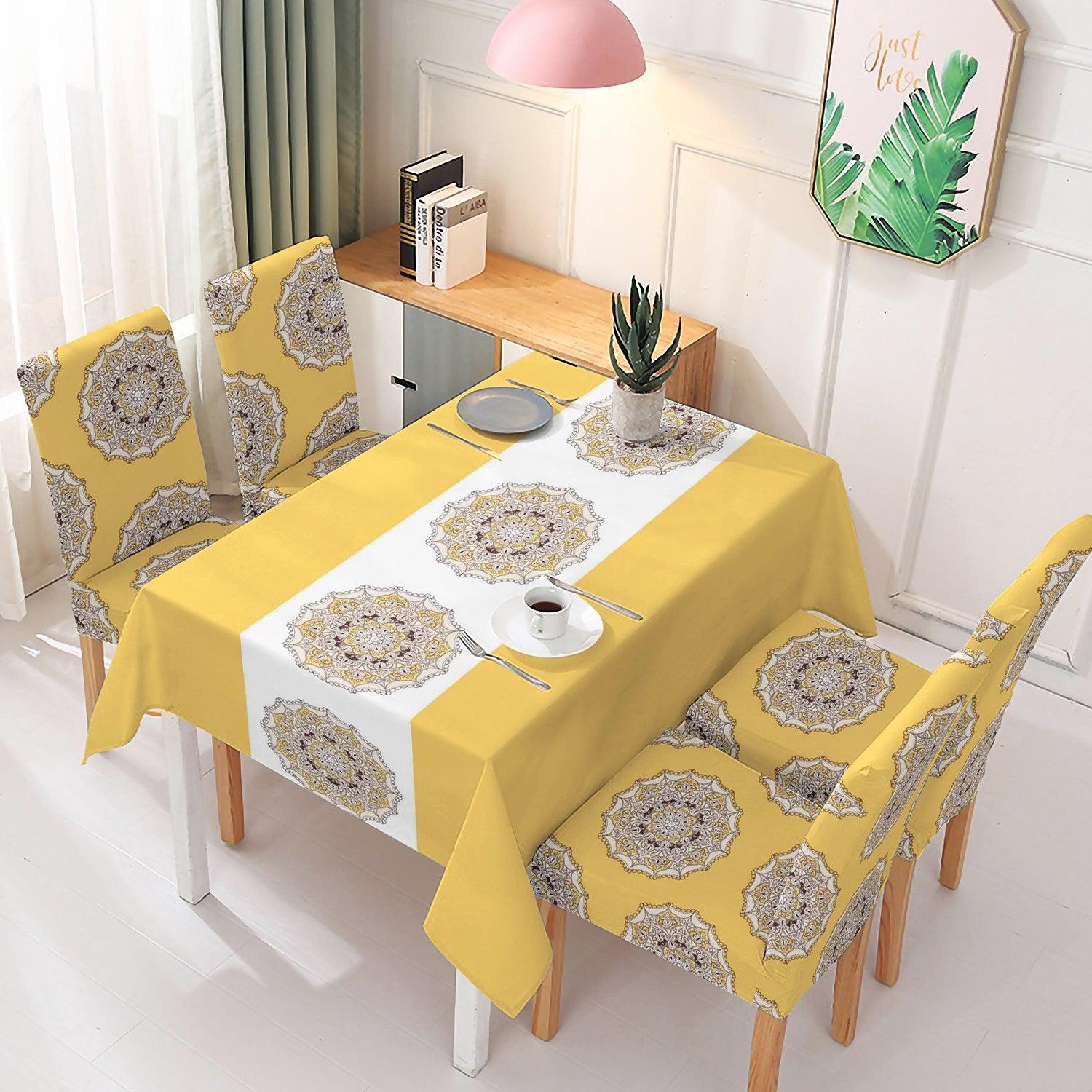 Yellow Printed Dining Table Cover with Chair Covers | 4/6 Seater - HOKIPO | Har Ghar ka Humsafar